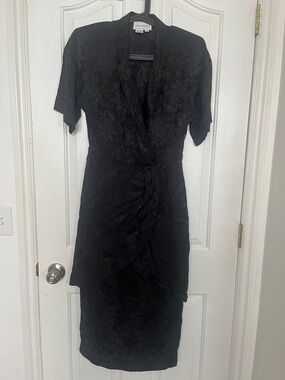 Vintage Silk Studio Black Floral imprinted Midi Dress w/ longer back side zipper